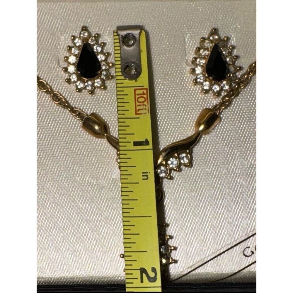 Vtg ROMAN Tear Drop Black & Clear Rhinestones Pendant Necklace & Earrings Set - Picture 7 of 10